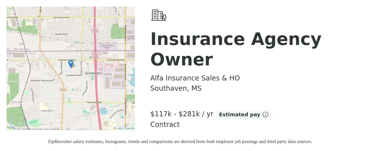 Alfa Insurance Sales & HO job posting for a Insurance Agency Owner in Southaven, MS with a salary of $117,200 to $281,139 Yearly with a map of Southaven location.