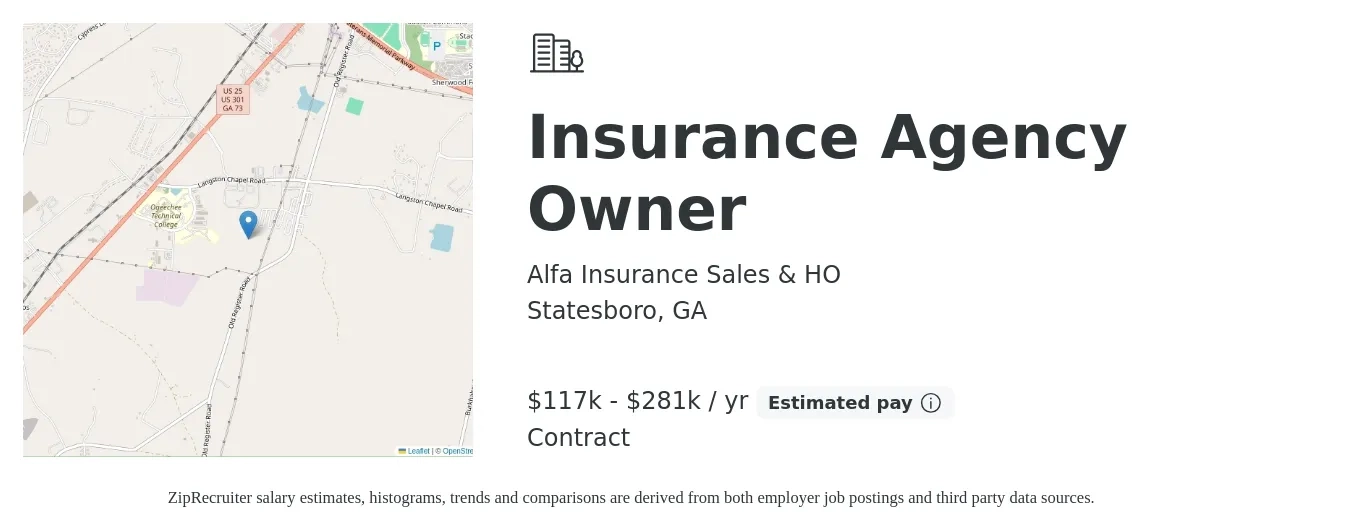 Alfa Insurance Sales & HO job posting for a Insurance Agency Owner in Statesboro, GA with a salary of $117,200 to $281,139 Yearly with a map of Statesboro location.
