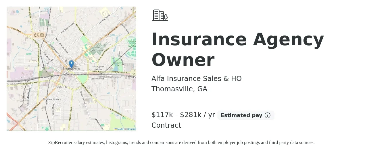 Alfa Insurance Sales & HO job posting for a Insurance Agency Owner in Thomasville, GA with a salary of $117,200 to $281,139 Yearly with a map of Thomasville location.