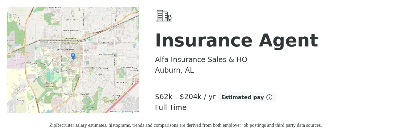 Alfa Insurance Sales & HO job posting for a Insurance Agent in Auburn, AL with a salary of $62,474 to $204,729 Yearly with a map of Auburn location.