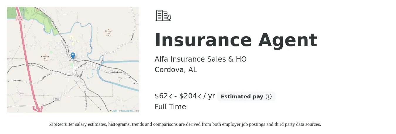Alfa Insurance Sales & HO job posting for a Insurance Agent in Cordova, AL with a salary of $62,474 to $204,729 Yearly with a map of Cordova location.