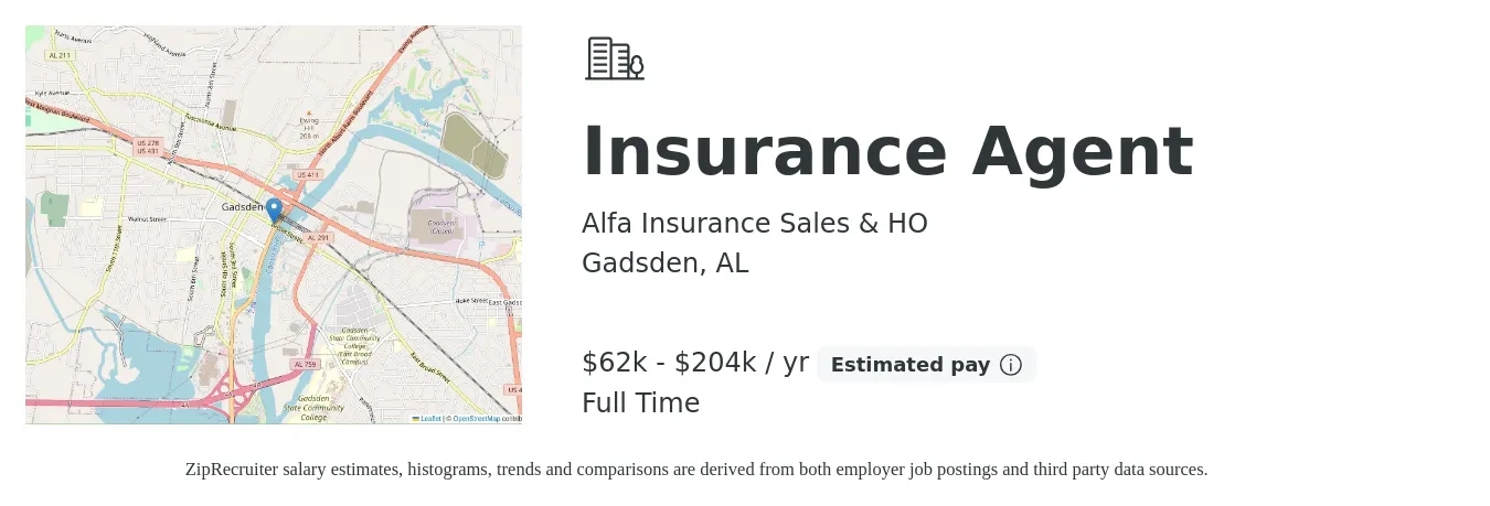 Alfa Insurance Sales & HO job posting for a Insurance Agent in Gadsden, AL with a salary of $62,474 to $204,729 Yearly with a map of Gadsden location.