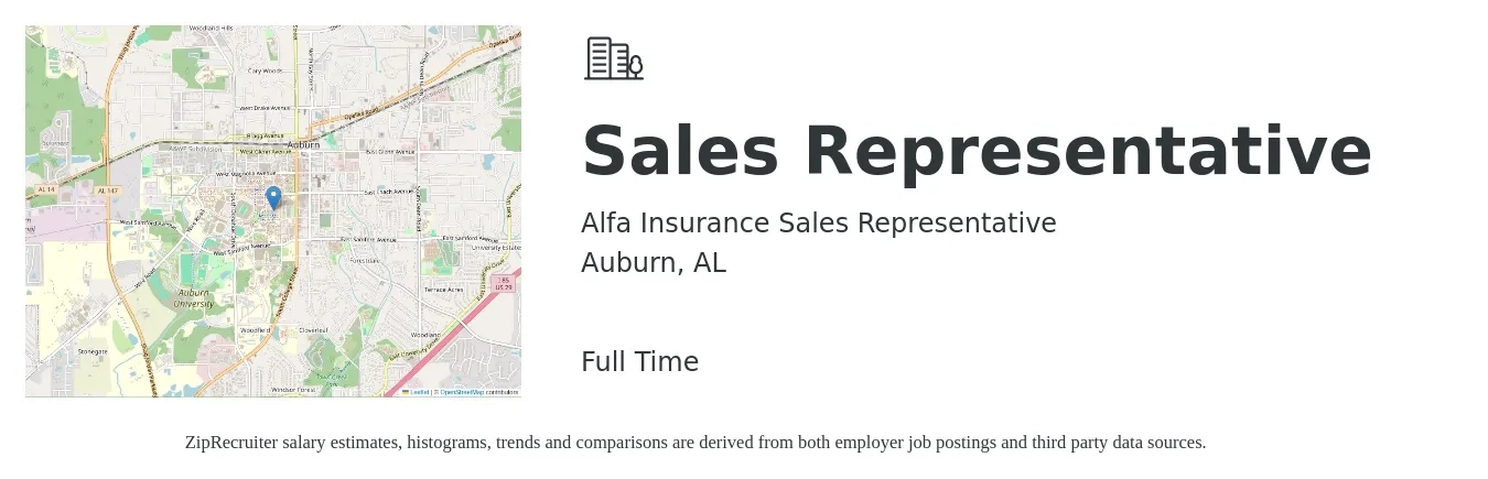 Alfa Insurance Sales Representative job posting for a Sales Representative in Auburn, AL with a salary of $44,700 to $77,700 Yearly with a map of Auburn location.