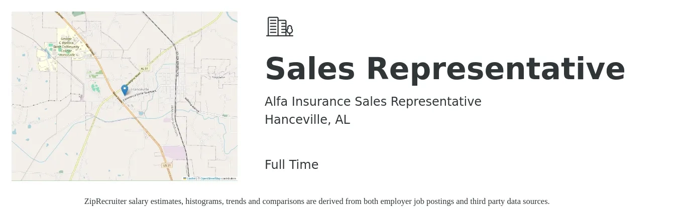 Alfa Insurance Sales Representative job posting for a Sales Representative in Hanceville, AL with a salary of $50,600 to $87,900 Yearly with a map of Hanceville location.