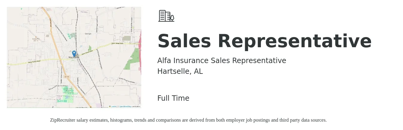 Alfa Insurance Sales Representative job posting for a Sales Representative in Hartselle, AL with a salary of $47,800 to $83,100 Yearly with a map of Hartselle location.