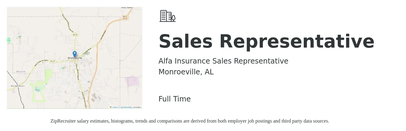 Alfa Insurance Sales Representative job posting for a Sales Representative in Monroeville, AL with a salary of $42,200 to $73,400 Yearly with a map of Monroeville location.