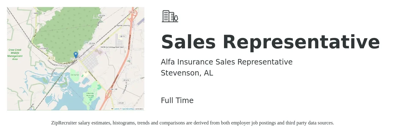 Alfa Insurance Sales Representative job posting for a Sales Representative in Stevenson, AL with a salary of $49,000 to $85,100 Yearly with a map of Stevenson location.