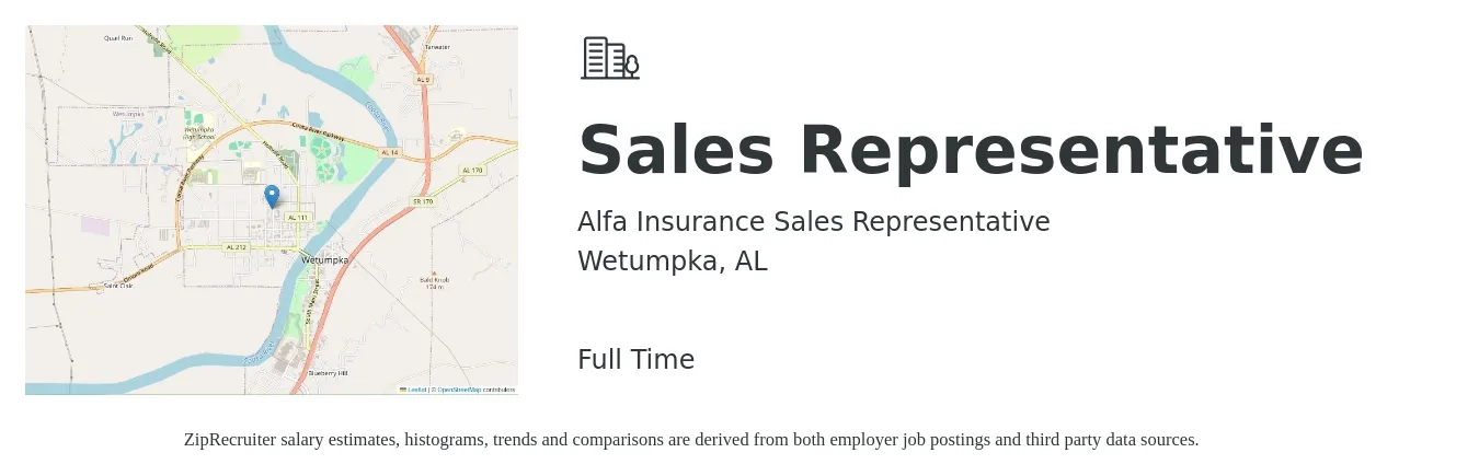 Alfa Insurance Sales Representative job posting for a Sales Representative in Wetumpka, AL with a salary of $47,800 to $83,100 Yearly with a map of Wetumpka location.