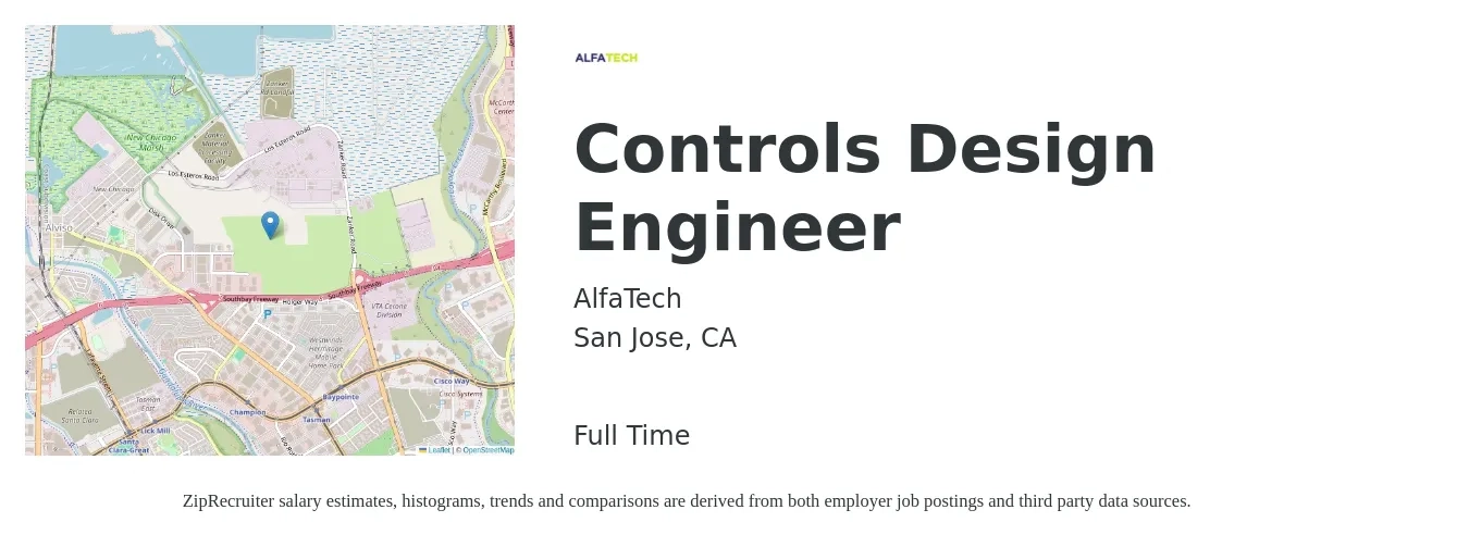 AlfaTech job posting for a Controls Design Engineer in San Jose, CA with a salary of $70,000 to $80,000 Yearly with a map of San Jose location.