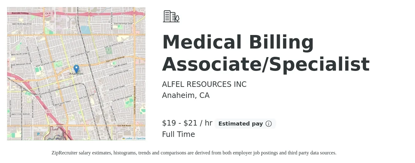 ALFEL RESOURCES INC job posting for a Medical Billing Associate/Specialist in Anaheim, CA with a salary of $20 to $22 Hourly with a map of Anaheim location.