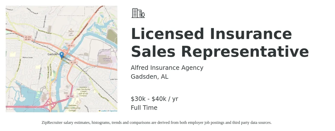 Alfred Insurance Agency job posting for a Licensed Insurance Sales Representative in Gadsden, AL with a salary of $30,000 to $40,000 Yearly with a map of Gadsden location.