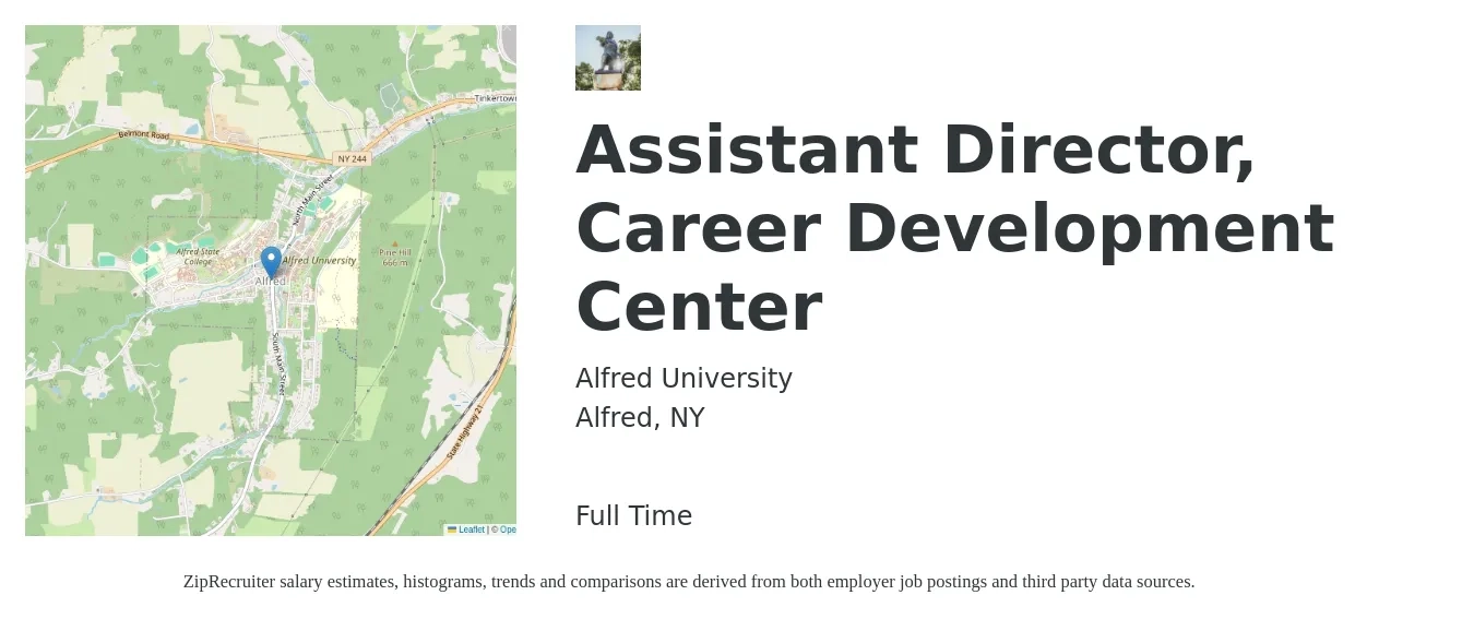 Alfred University job posting for a Assistant Director, Career Development Center in Alfred, NY with a salary of $46,000 to $50,000 Yearly with a map of Alfred location.