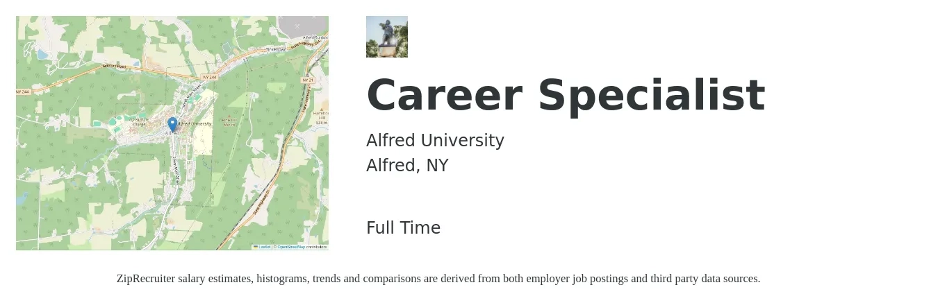 Alfred University job posting for a Career Specialist in Alfred, NY with a salary of $18 to $22 Hourly with a map of Alfred location.