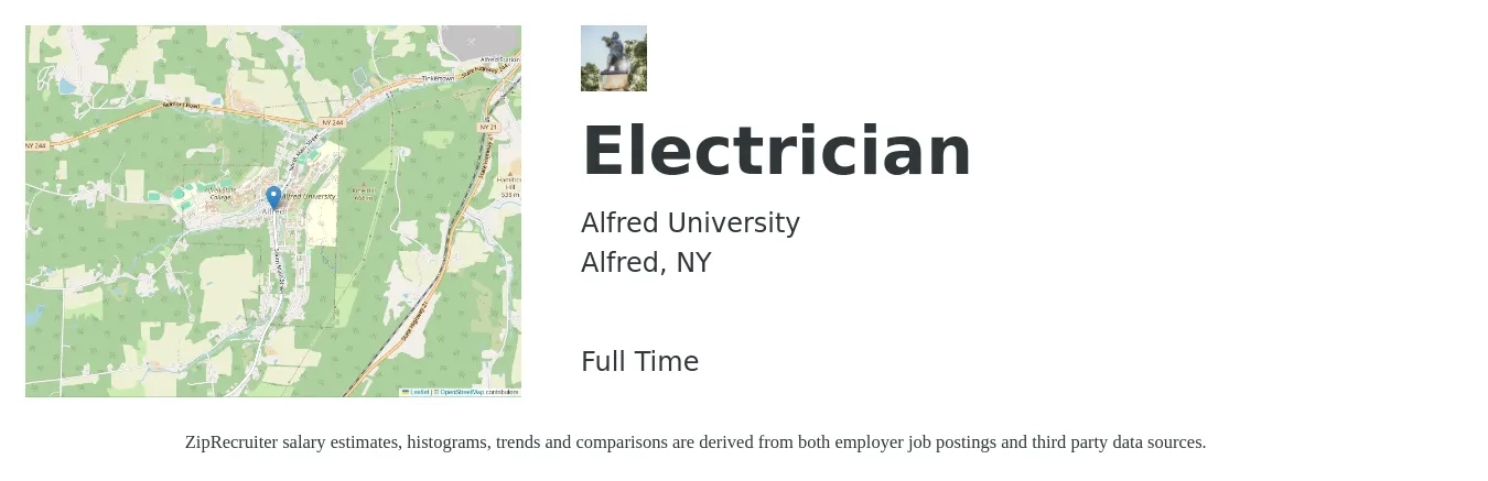 Alfred University job posting for a Electrician in Alfred, NY with a salary of $25 to $28 Hourly with a map of Alfred location.