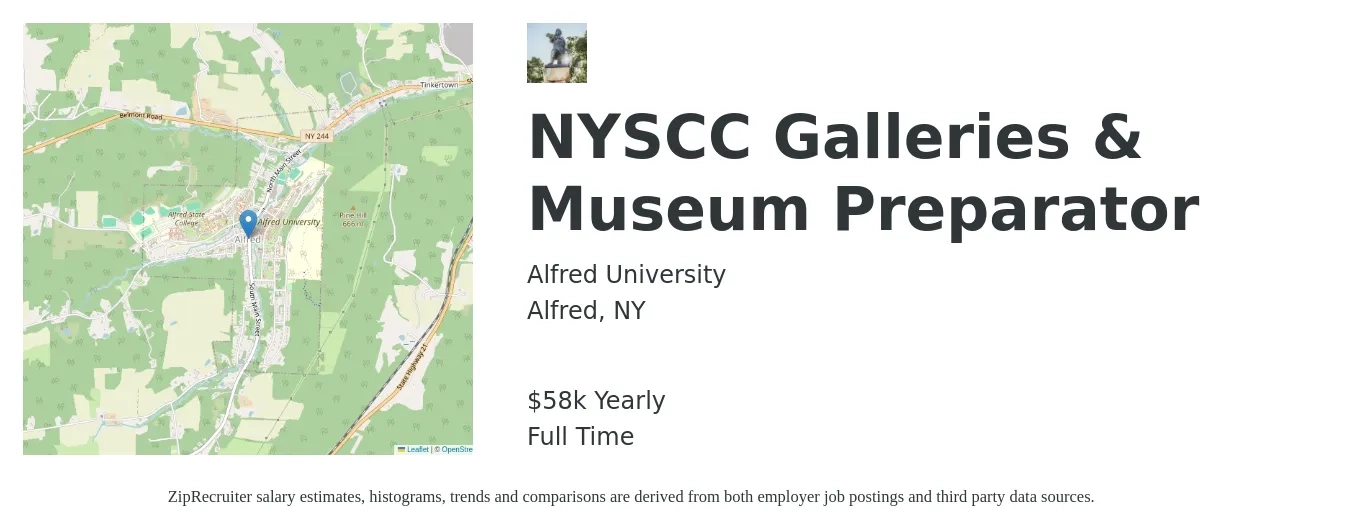 Alfred University job posting for a NYSCC Galleries & Museum Preparator in Alfred, NY with a salary of $58,500 Yearly with a map of Alfred location.