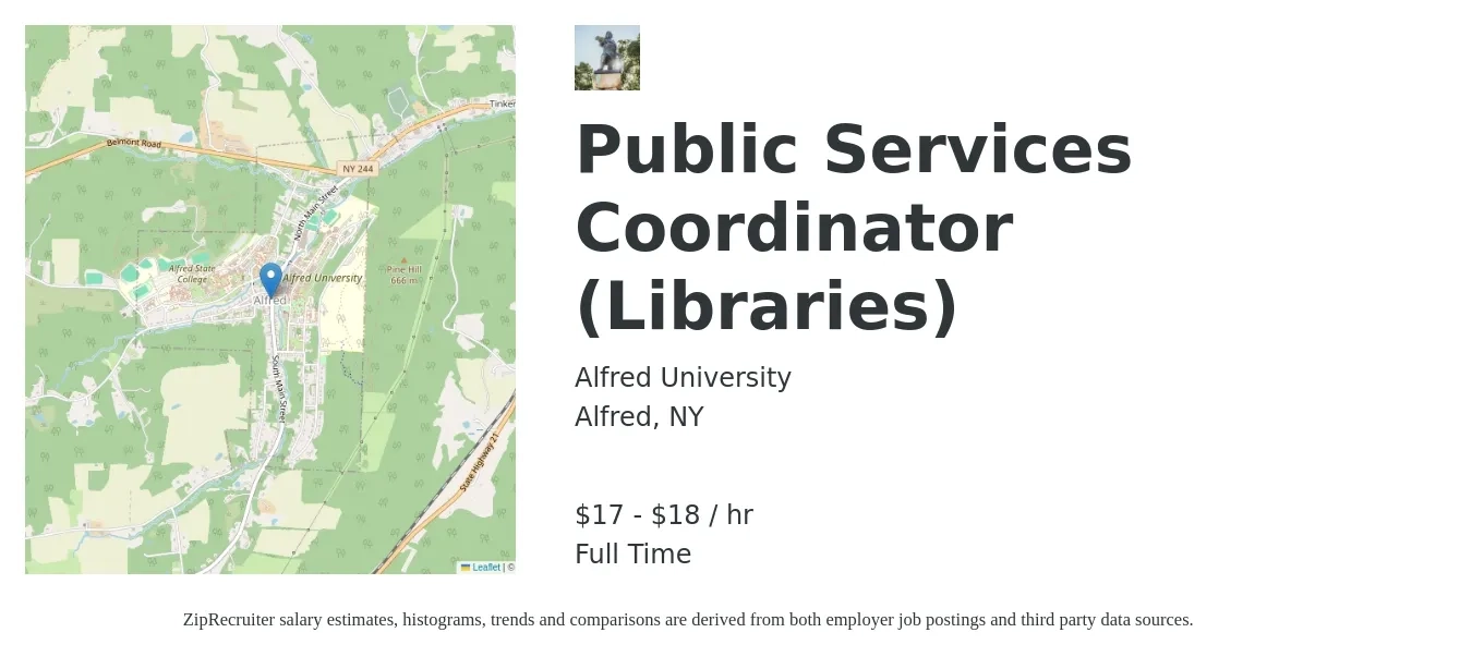 Alfred University job posting for a Public Services Coordinator (Libraries) in Alfred, NY with a salary of $18 to $19 Hourly with a map of Alfred location.