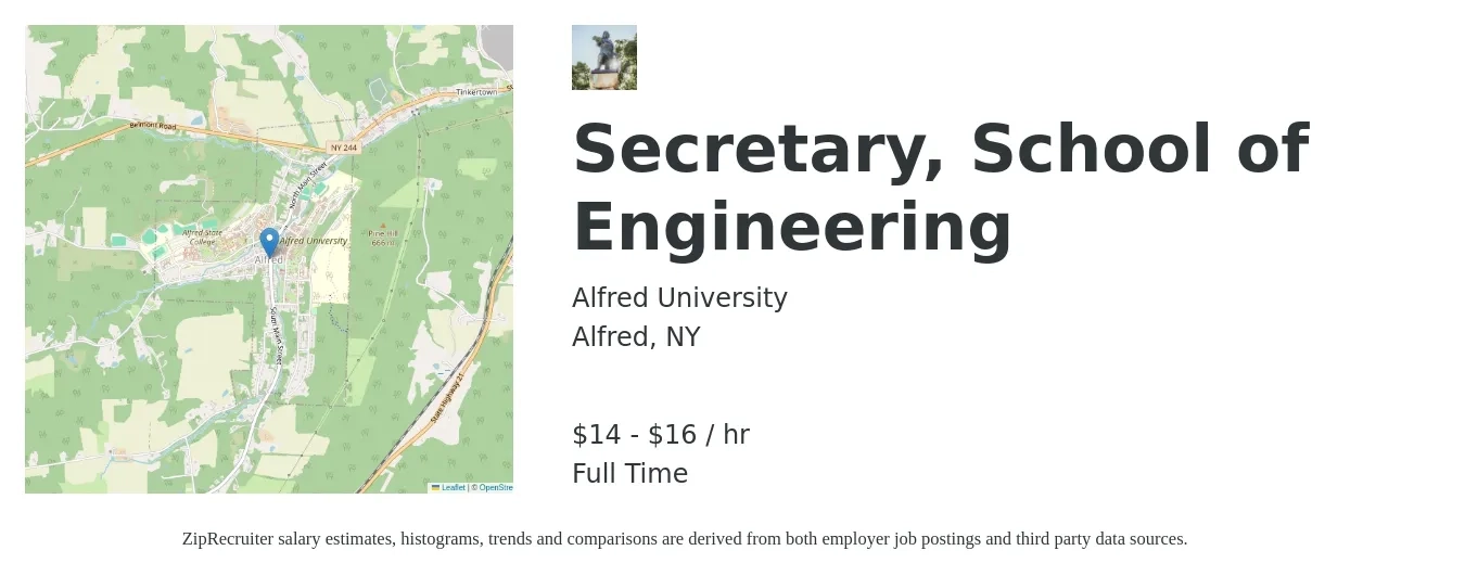 Alfred University job posting for a Secretary, School of Engineering in Alfred, NY with a salary of $15 to $17 Hourly with a map of Alfred location.