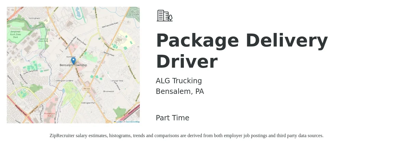 ALG Trucking job posting for a Package Delivery Driver in Bensalem, PA with a salary of $220 to $240 Daily with a map of Bensalem location.