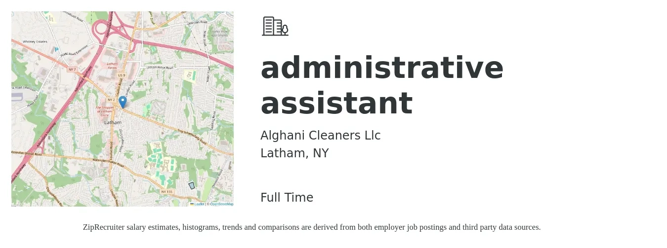 Alghani Cleaners Llc job posting for a administrative assistant in Latham, NY with a salary of $18 to $24 Hourly with a map of Latham location.