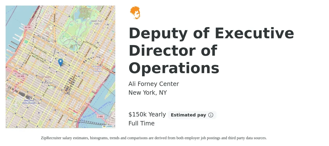 Ali Forney Center job posting for a Deputy of Executive Director of Operations in New York, NY with a salary of $150,000 Yearly with a map of New York location.
