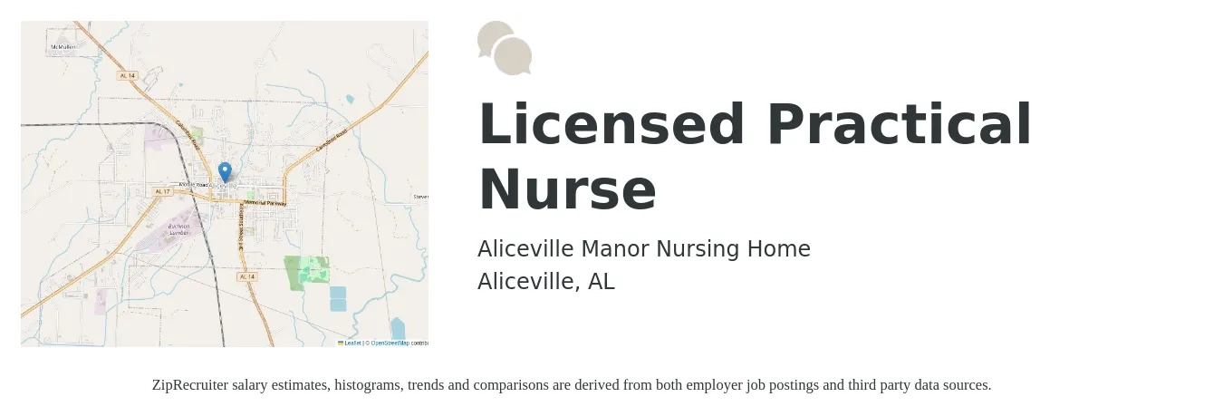 Aliceville Manor Nursing Home job posting for a Licensed Practical Nurse in Aliceville, AL with a salary of $24 to $33 Hourly with a map of Aliceville location.