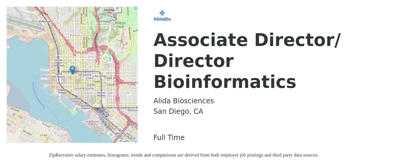 Alida Biosciences job posting for a Associate Director/ Director Bioinformatics in San Diego, CA with a salary of $74,300 to $149,700 Yearly with a map of San Diego location.
