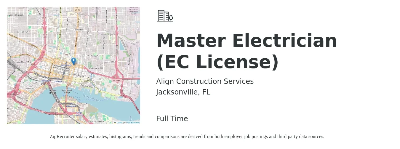 Align Construction Services job posting for a Master Electrician (EC License) in Jacksonville, FL with a salary of $28 to $42 Hourly with a map of Jacksonville location.