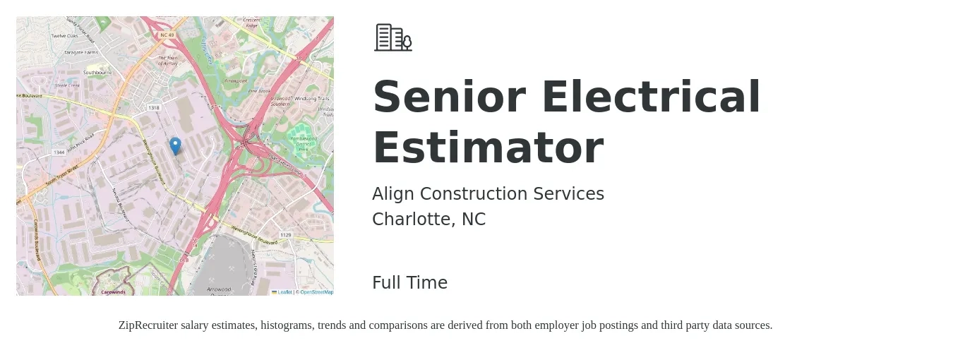 Align Construction Services job posting for a Senior Electrical Estimator in Charlotte, NC with a salary of $100,600 to $132,300 Yearly with a map of Charlotte location.