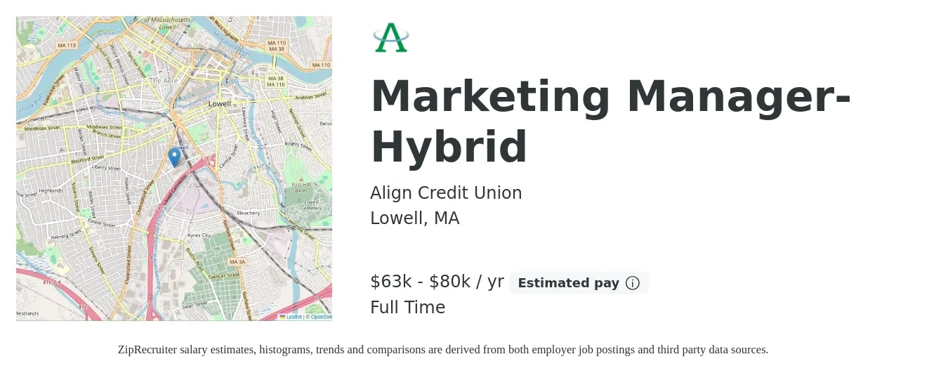Align Credit Union job posting for a Marketing Manager- Hybrid in Lowell, MA with a salary of $63,400 to $80,000 Yearly with a map of Lowell location.