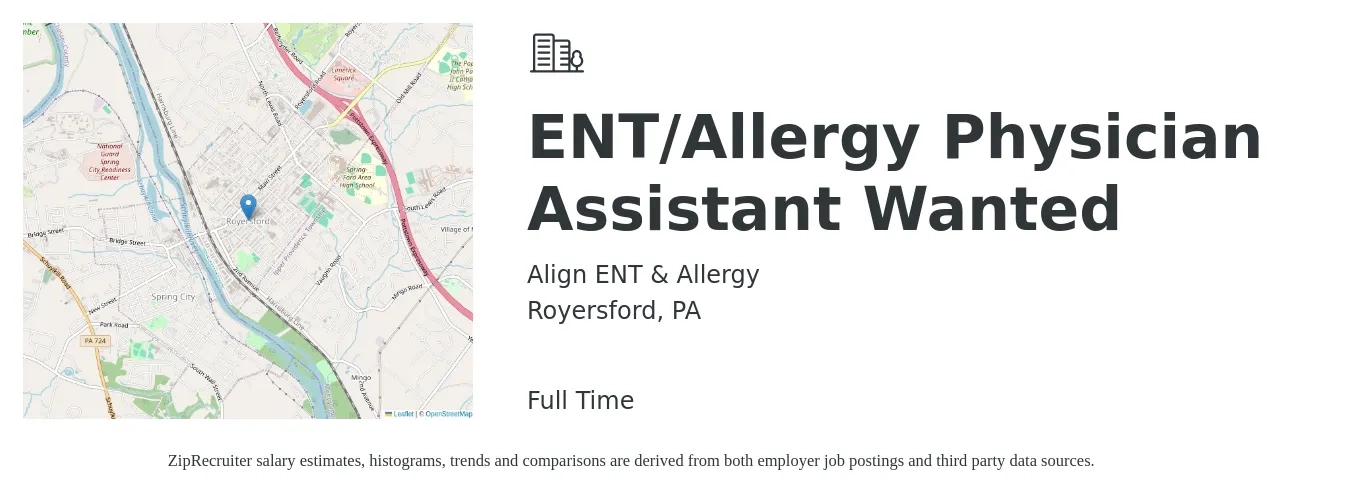 Align ENT & Allergy job posting for a ENT/Allergy Physician Assistant Wanted in Royersford, PA with a salary of $99,200 to $134,500 Yearly with a map of Royersford location.