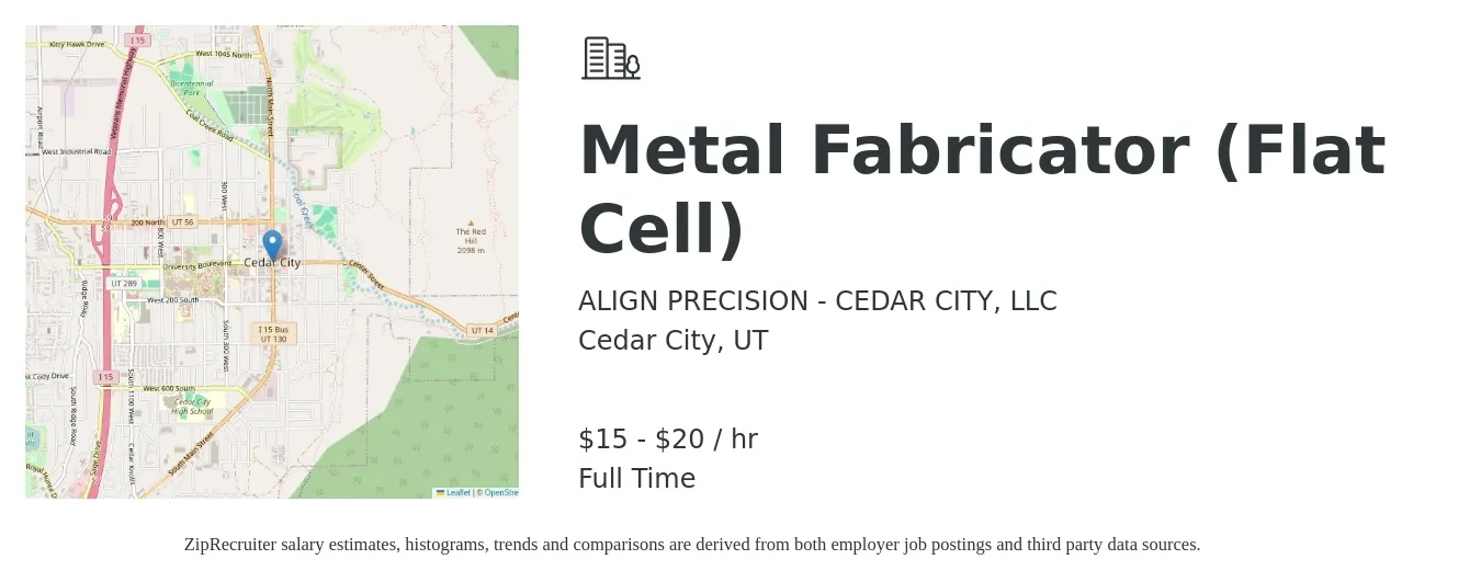 ALIGN PRECISION - CEDAR CITY, LLC job posting for a Metal Fabricator (Flat Cell) in Cedar City, UT with a salary of $16 to $22 Hourly with a map of Cedar City location.