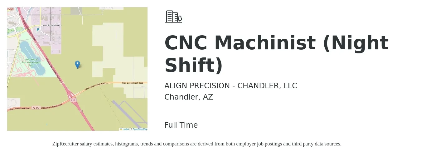 ALIGN PRECISION - CHANDLER, LLC job posting for a CNC Machinist (Night Shift) in Chandler, AZ with a salary of $20 to $27 Hourly with a map of Chandler location.