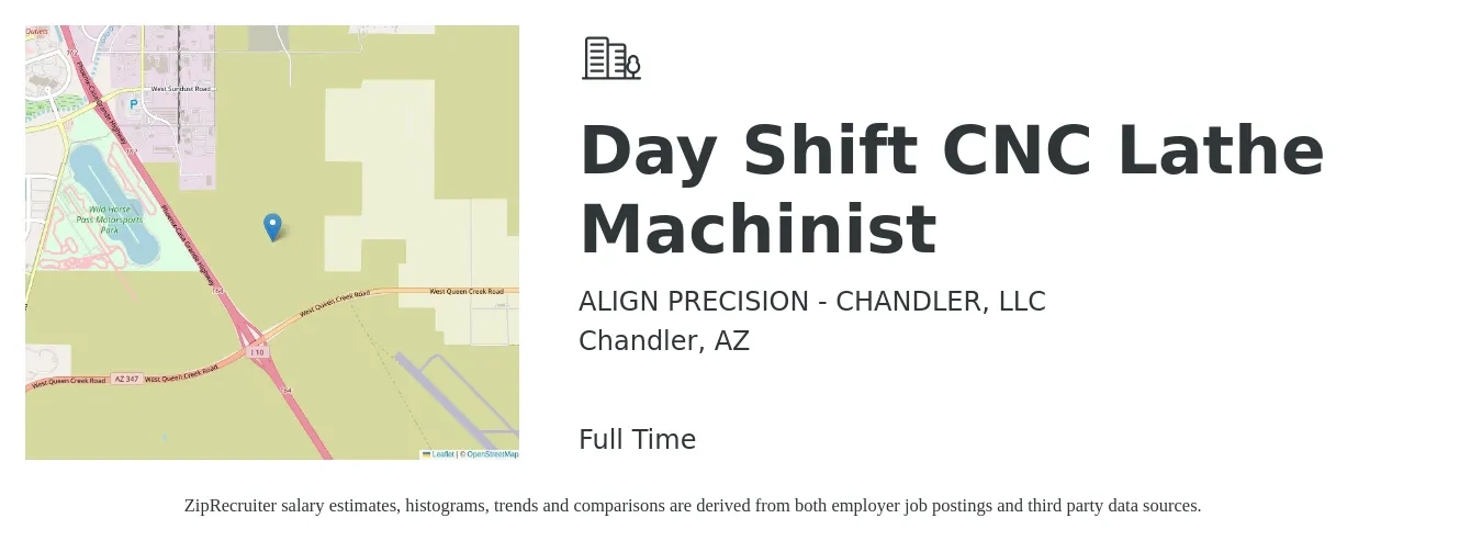 ALIGN PRECISION - CHANDLER, LLC job posting for a Day Shift CNC Lathe Machinist in Chandler, AZ with a salary of $22 to $27 Hourly with a map of Chandler location.