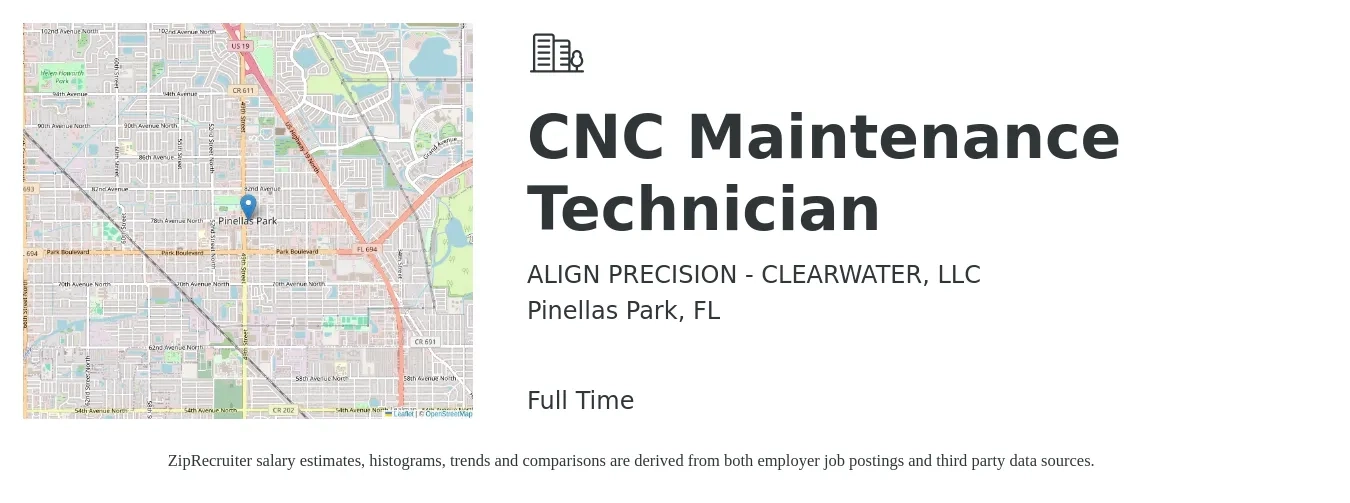 ALIGN PRECISION - CLEARWATER, LLC job posting for a CNC Maintenance Technician in Pinellas Park, FL with a salary of $24 to $31 Hourly and benefits including retirement, vision, dental, life_insurance, medical, and pto with a map of Pinellas Park location.