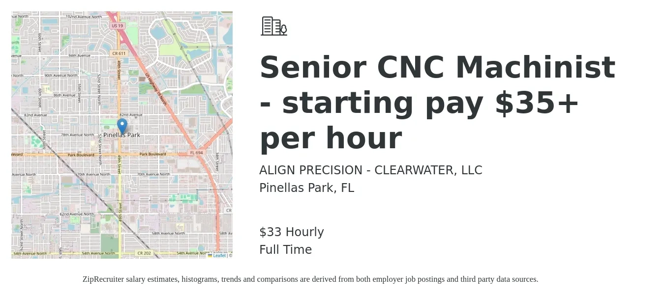 ALIGN PRECISION - CLEARWATER, LLC job posting for a Senior CNC Machinist - starting pay $35+ per hour in Pinellas Park, FL with a salary of $35 Hourly with a map of Pinellas Park location.