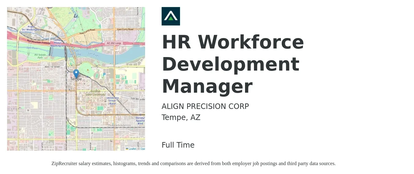 ALIGN PRECISION job posting for a HR Workforce Development Manager in Tempe, AZ with a salary of $51,500 to $80,600 Yearly with a map of Tempe location.