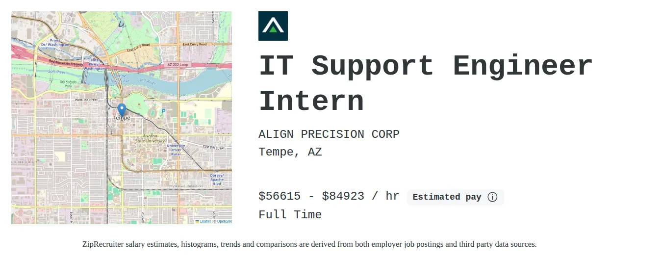 Align precision job posting for a IT Support Engineer Intern in Tempe, AZ with a salary of $58,880 to $88,320 Hourly with a map of Tempe location.