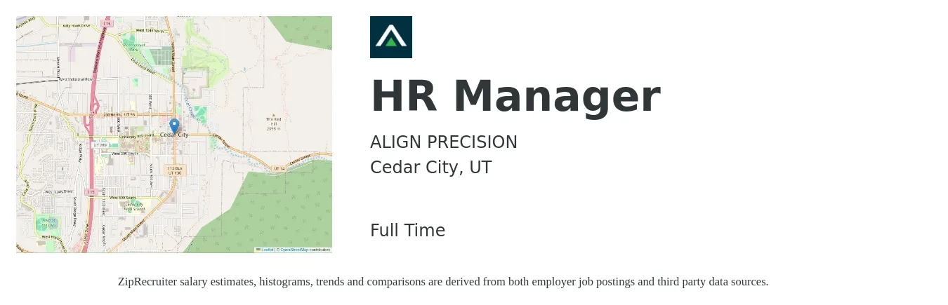 ALIGN PRECISION job posting for a HR Manager in Cedar City, UT with a salary of $58,200 to $84,400 Yearly and benefits including dental, life_insurance, medical, pto, retirement, and vision with a map of Cedar City location.