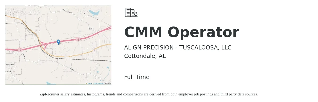ALIGN PRECISION - TUSCALOOSA, LLC job posting for a CMM Operator in Cottondale, AL with a salary of $18 to $25 Hourly with a map of Cottondale location.