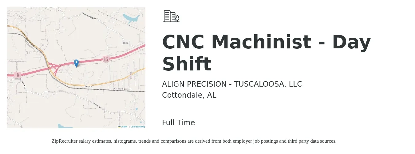 ALIGN PRECISION - TUSCALOOSA, LLC job posting for a CNC Machinist - Day Shift in Cottondale, AL with a salary of $18 to $25 Hourly with a map of Cottondale location.