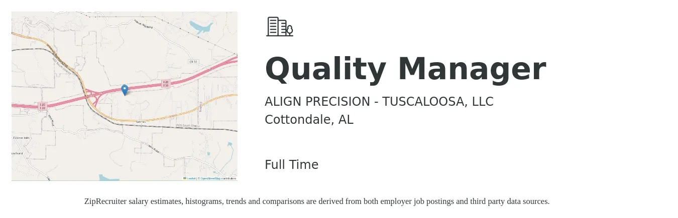 ALIGN PRECISION - TUSCALOOSA, LLC job posting for a Quality Manager in Cottondale, AL with a salary of $62,300 to $97,200 Yearly with a map of Cottondale location.