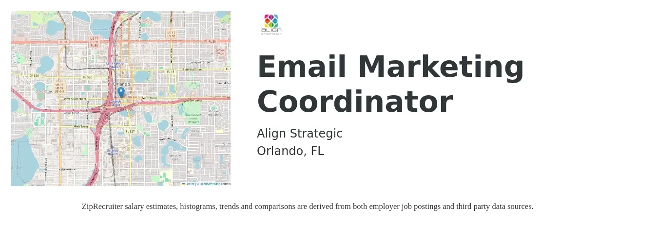 Align Strategic job posting for a Email Marketing Coordinator in Orlando, FL with a salary of $23 to $34 Hourly with a map of Orlando location.