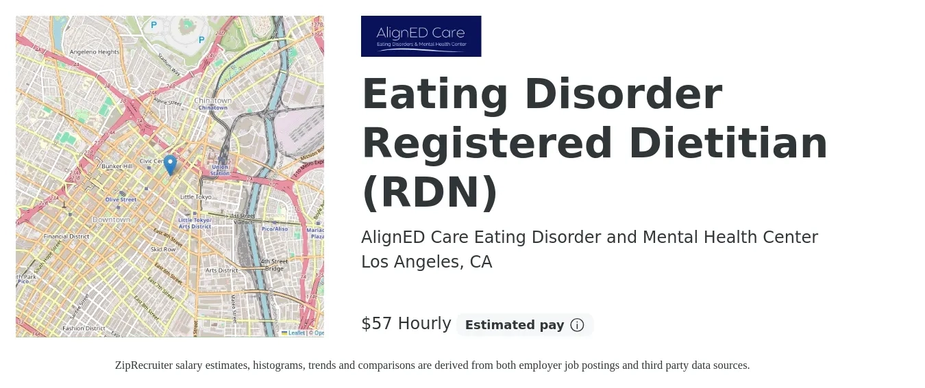 AlignED Care Eating Disorder and Mental Health Center job posting for a Eating Disorder Registered Dietitian (RDN) in Los Angeles, CA with a salary of $60 Hourly with a map of Los Angeles location.