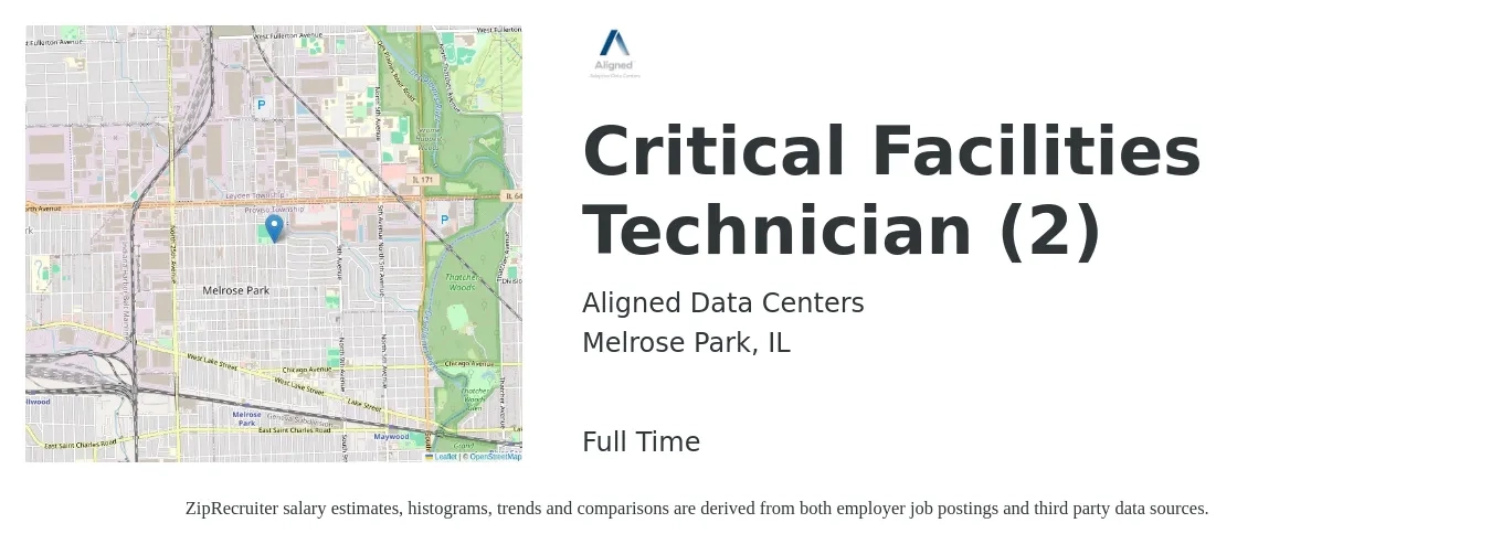 Aligned Data Centers job posting for a Critical Facilities Technician (2) in Melrose Park, IL with a salary of $19 to $27 Hourly with a map of Melrose Park location.
