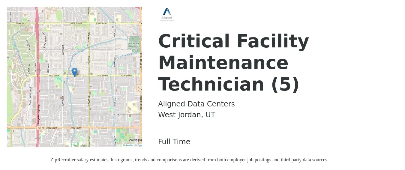 Aligned Data Centers job posting for a Critical Facility Maintenance Technician (5) in West Jordan, UT with a salary of $18 to $25 Hourly with a map of West Jordan location.