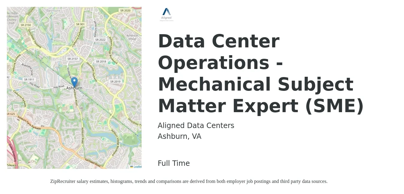 Aligned Data Centers job posting for a Data Center Operations - Mechanical Subject Matter Expert (SME) in Ashburn, VA with a salary of $71,100 to $96,100 Yearly with a map of Ashburn location.