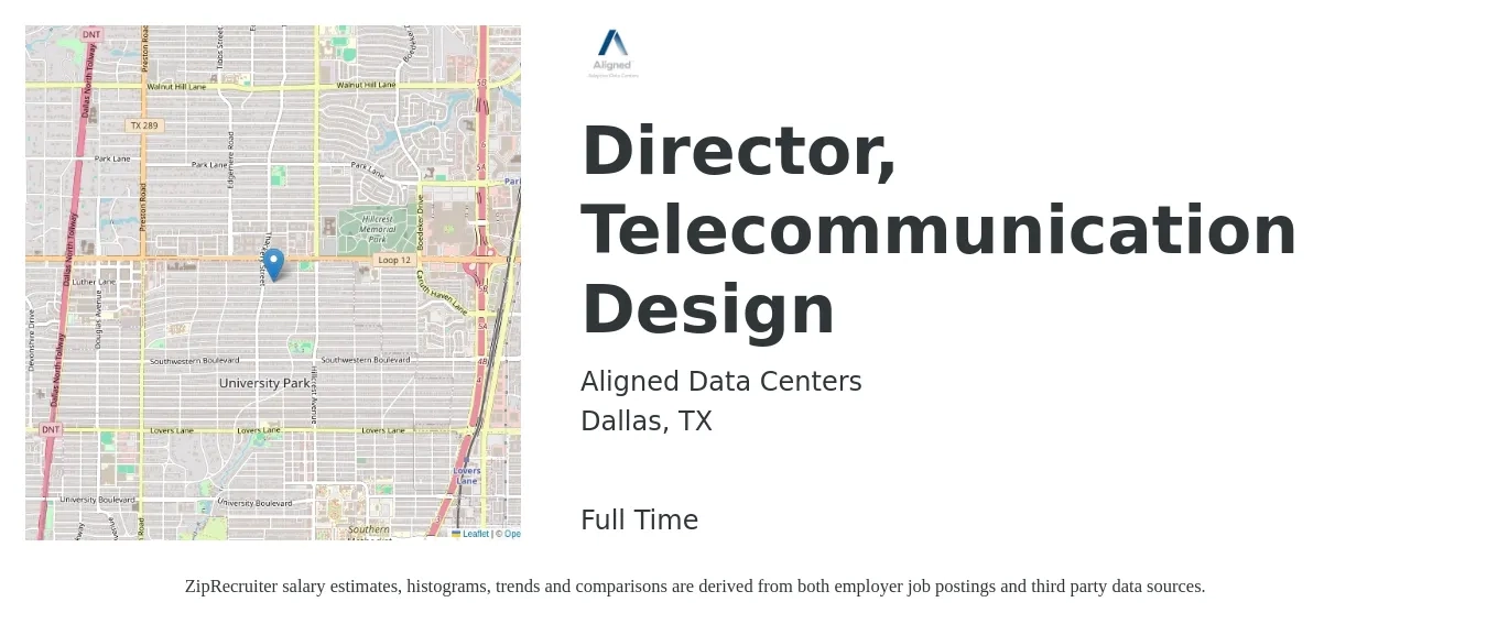 Aligned Data Centers job posting for a Director, Telecommunication Design in Dallas, TX with a salary of $108,300 to $161,200 Yearly with a map of Dallas location.