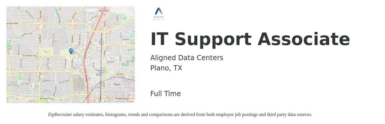 Aligned Data Centers job posting for a IT Support Associate in Plano, TX with a salary of $19 to $26 Hourly with a map of Plano location.