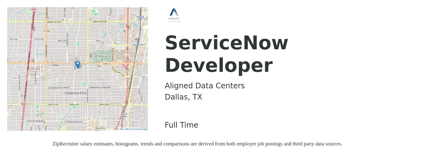 Aligned Data Centers job posting for a ServiceNow Developer in Dallas, TX with a salary of $54 to $74 Hourly with a map of Dallas location.