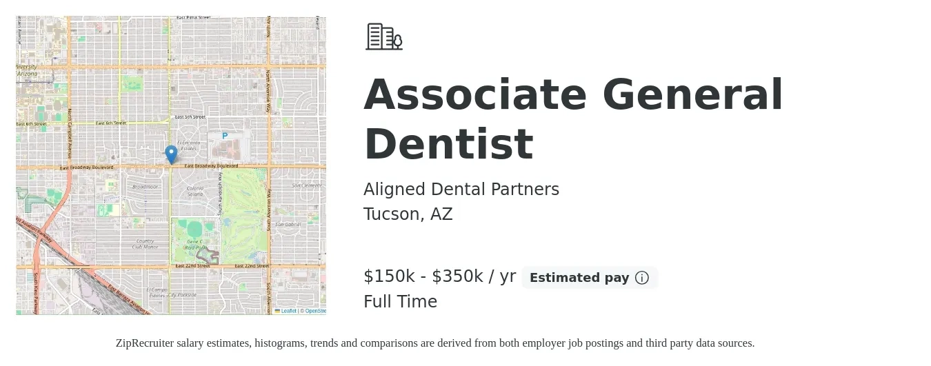 Aligned Dental Partners job posting for a Associate General Dentist in Tucson, AZ with a salary of $150,000 to $350,000 Yearly with a map of Tucson location.